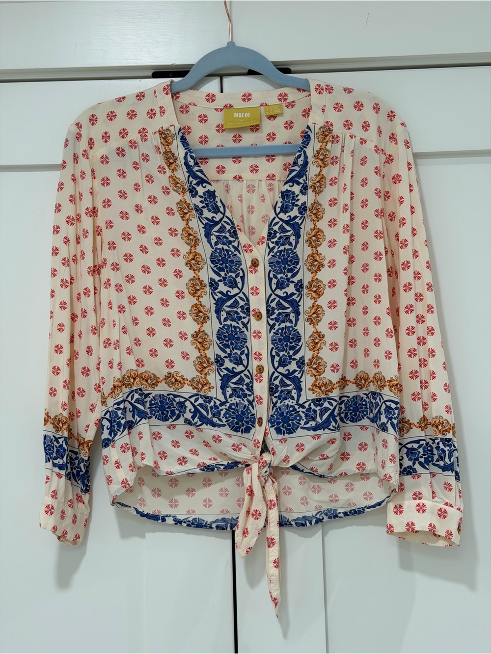 Anthropologie Maeve Tie Front Floral Border Print Blouse Size 2